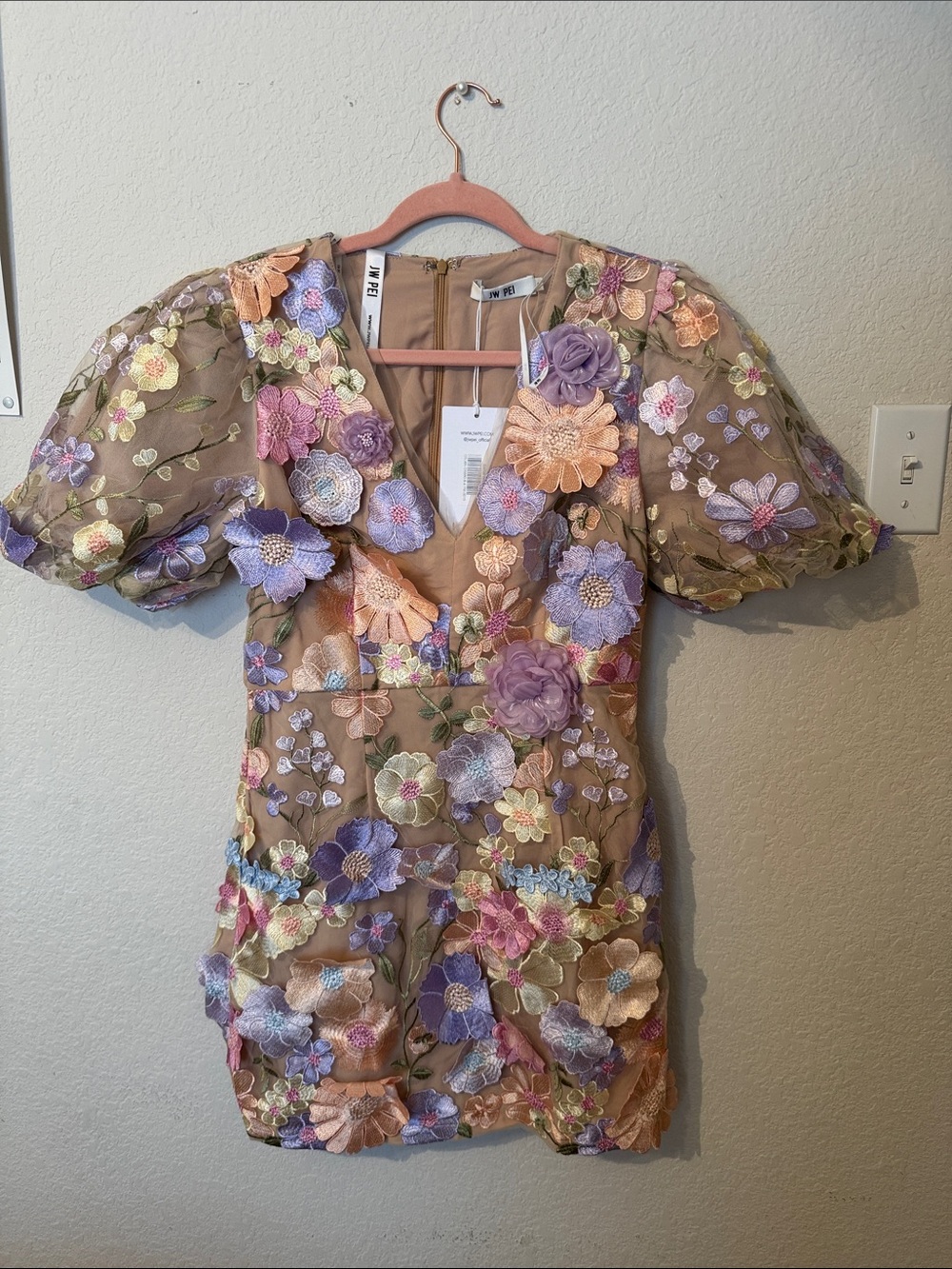 JW PEI Nude Dress with Lavender and Gold Floral Appliqués